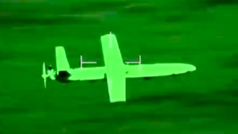 A Houthi drone pictured by a French naval helicopter shortly before being shot down