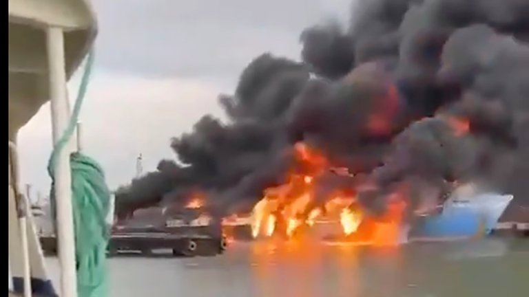 A Ukrainian missile struck and sunk a vessel full of fuel train cars.