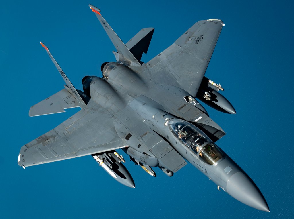 A U.S. Air Force F-15E Strike Eagle flies a combat air patrol over the U.S. Central Command area of responsibility, April 11, 2025. The F-15E Strike Eagle provides the capability to deter and, if necessary, target violent extremist organizations within the AOR. (U.S. Air Force photo by Senior Airman Keegan Putman)