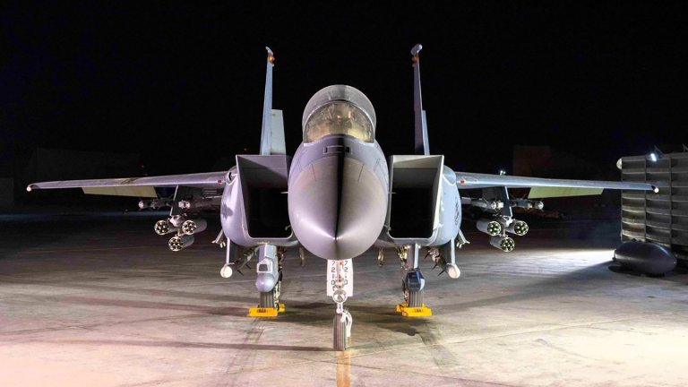 We now have a picture showing a U.S. Air Force F-15E Strike Eagle down-range in the Middle East with an air-to-air loadout that includes six seven-shot 70mm rocket pods, as well as four AIM-9X and four AIM-120 missiles.