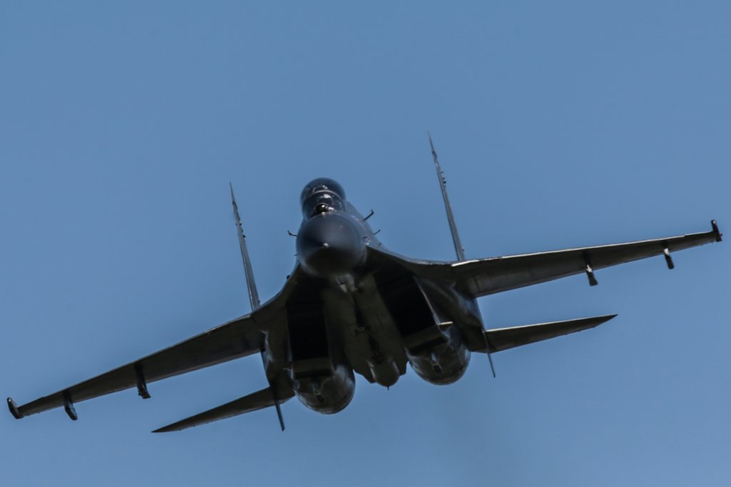 Su-30 fighter jet of aerobatic team "Falcons of Russia" fly during an air show marking 75th anniversary of 6th air force army of Russia in St. Petersburg, Russia, Sunday, June 4, 2017. (Photo by Igor Russak/NurPhoto via Getty Images)